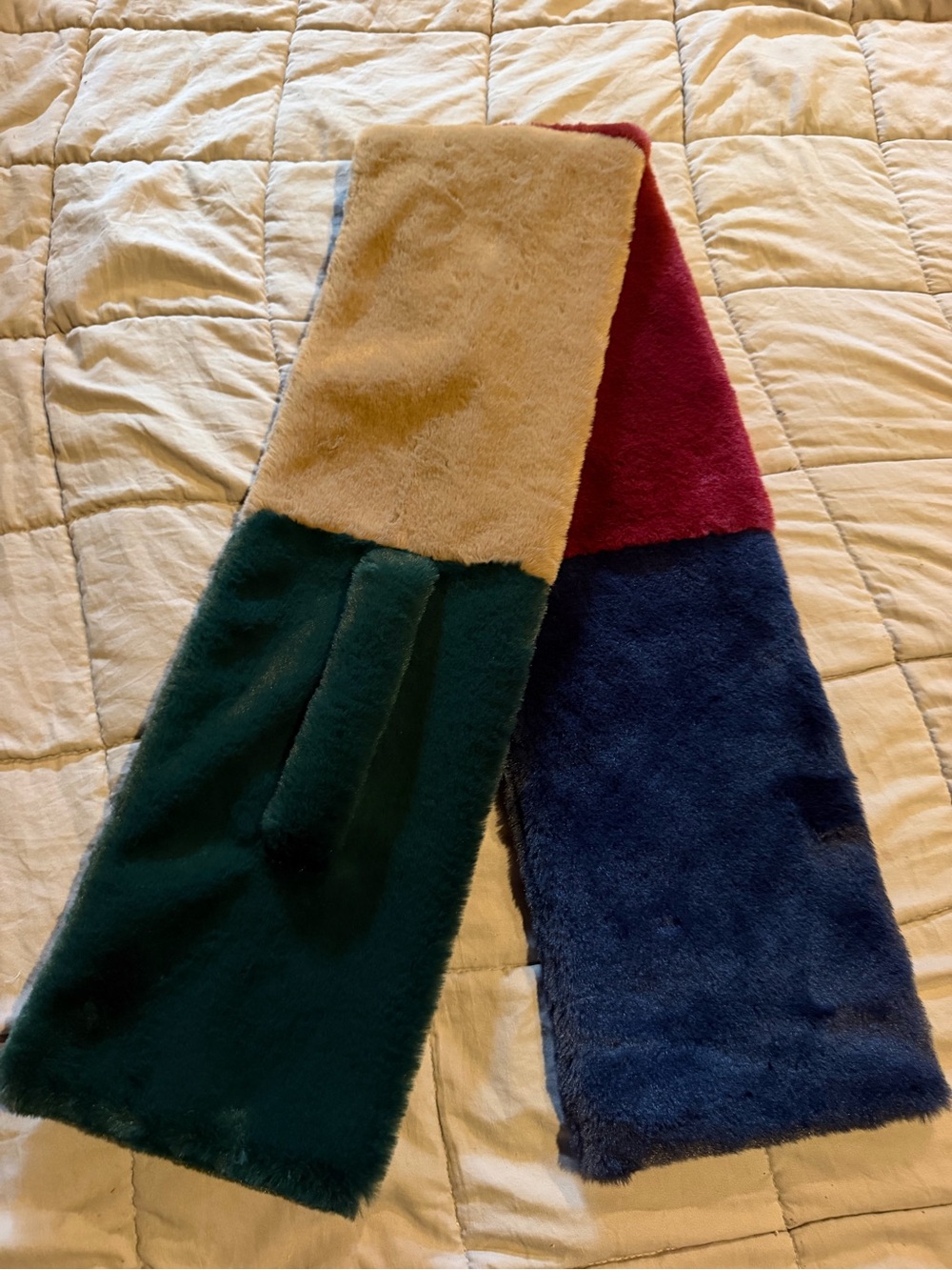 Johnston & Murphy Colorblock Faux Fur Scarf in Green, Navy, Burgundy & Cream